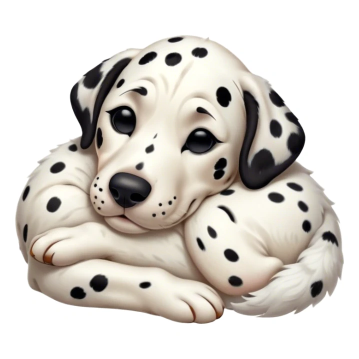 Meme-Worthy Cute Sleeping Spotted Dalmatian Portrait Emoji, Head resting peacefully with a contented smile, showcasing a delightfully majestic build and a luxuriously soft Fur of predominantly white with bold black patches, eyes shut in a serene nap, Simplified yet hilariously adorable features, highly detailed, glowing with a soft, drowsy light, high shine, relaxed and utterly lovable, stylized with an air of playful laziness, bright and heartwarming, soft glowing outline, capturing the essence of a comically sleepy guardian, so meme-worthy it feels like it could instantly become the next viral sensation of adorable slumber! sticker