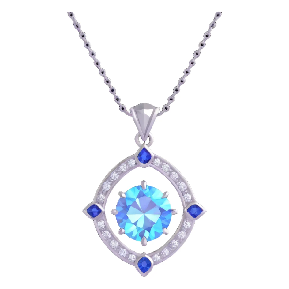 Y2K style silver pendant with a round cut white diamond featuring a holographic effect, small blue sapphire accent, iridescent and pastel details, playful shapes sticker