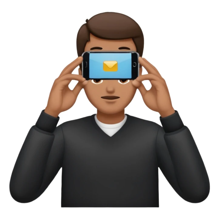 a guy holding 1 smartphone with both hands, smarphone should be horizontal, on top of his forehead sticker