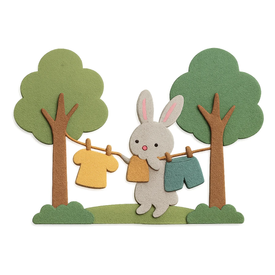 bunny hanging laundry between trees, calming domestic forest feel sticker
