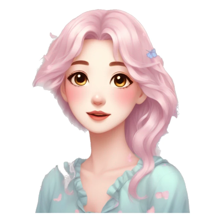 Gorgeous pastel anime style lady with blushing face and butterflies aesthetic trending style sticker