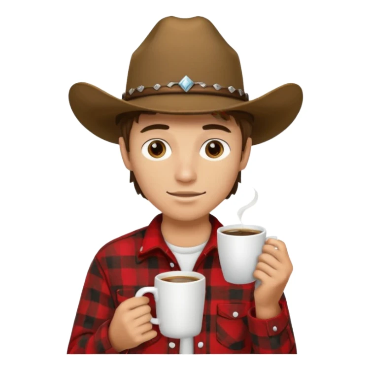 generate an ios genmoji of a 20 year old tan boy with a cowboy hat and side burns. Wearing a flannel and carrying a coffee mug sticker