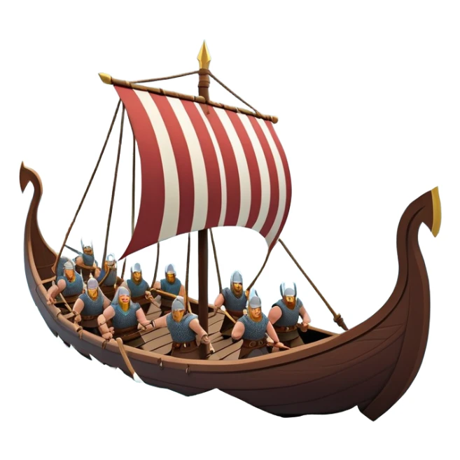 clash-of-clans-aesthetic_-cinematic-viking-longboat, rendered in a flat, bold vector style with minimal shading, featuring a striking dragon-headed prow slicing through icy, churning waters. shields on the side and vikings rowing The longboat’s intricately detailed shields and carved motifs evoke a sense of epic adventure and Nordic might, with billowing sails catching a dramatic, stormy sky backdrop. sticker