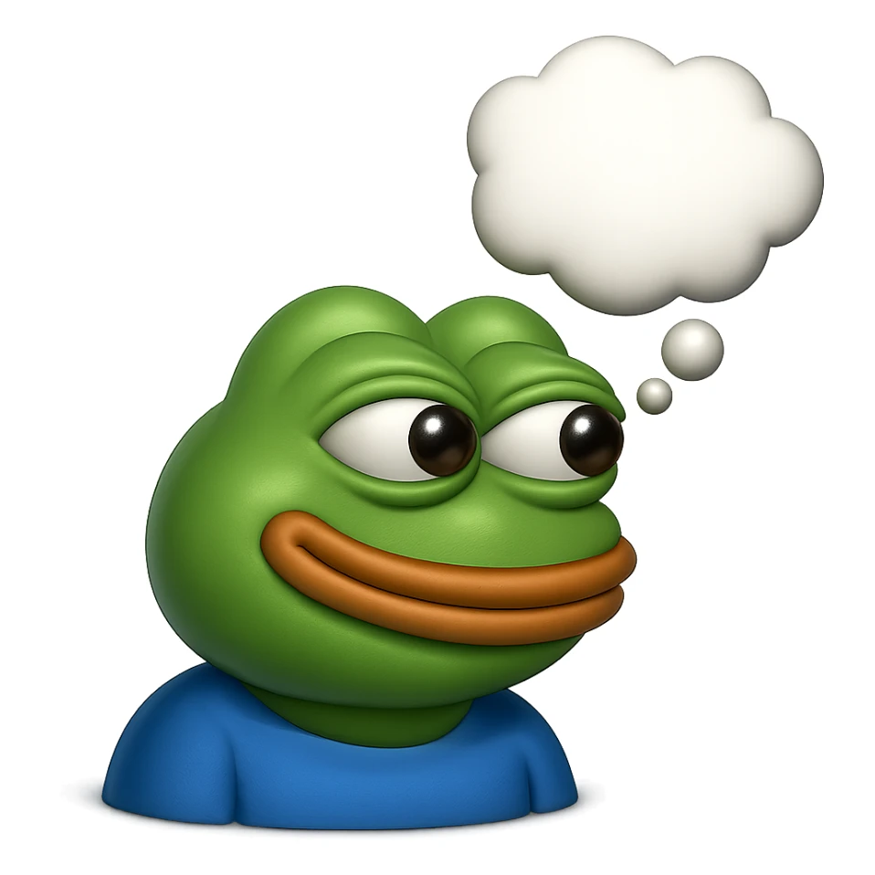 make a pepe in bright green smiling with thought bubble looking at right side in 3d style, good highlights and shadows, drop shadows sticker