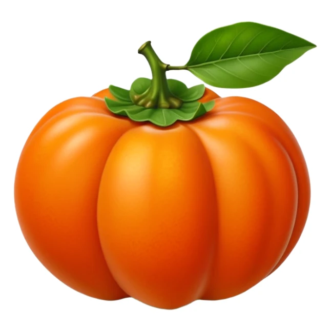 whole persimmon fruit with smooth glossy orange skin, flattened round shape, green leafy calyx on top with soft folds and natural texture, slightly dimpled surface suggesting ripeness and firmness, no leaf cut or extras, soft lighting, subtle shadows, emoji scale sticker