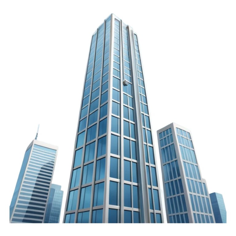 A 3D cartoon skyscraper reaching into the sky, clear blue background, soft sunlight, Memoji-style realism. sticker
