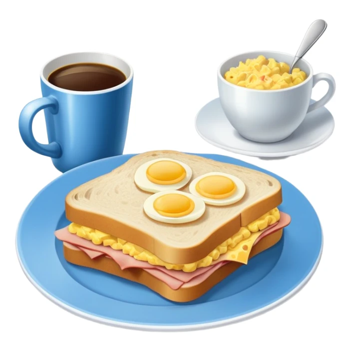 a blue breakfast plate, a sandwich with ham and scrambled eggs and a cup of white coffee sticker