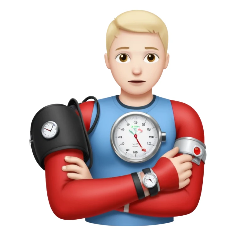 blood pressure cuff wrapped around upper arm with dial reading sticker