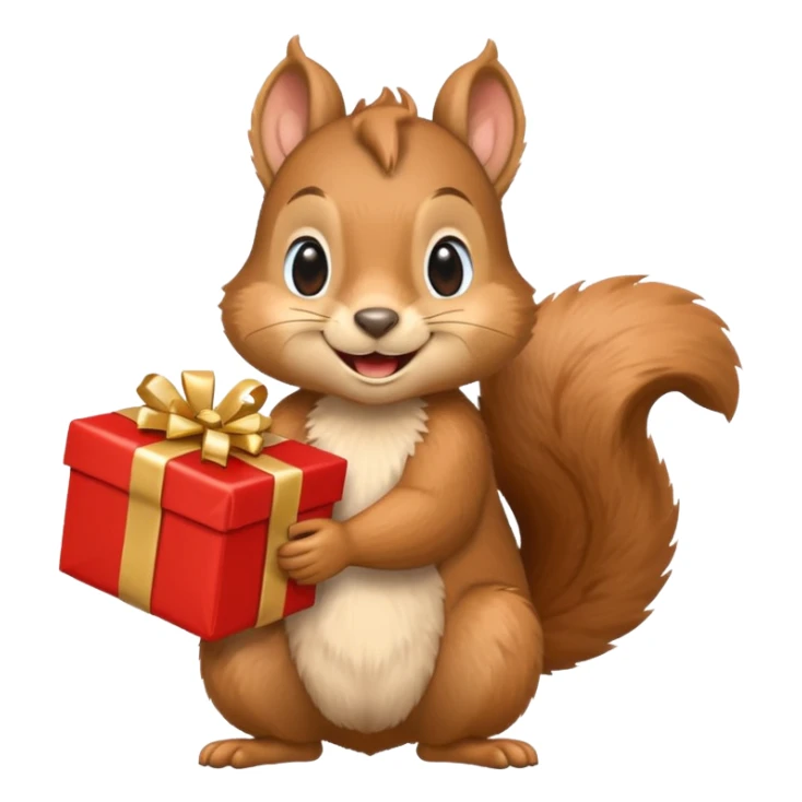 squirrel with a big smile, holding a gift and a Swiss flag sticker