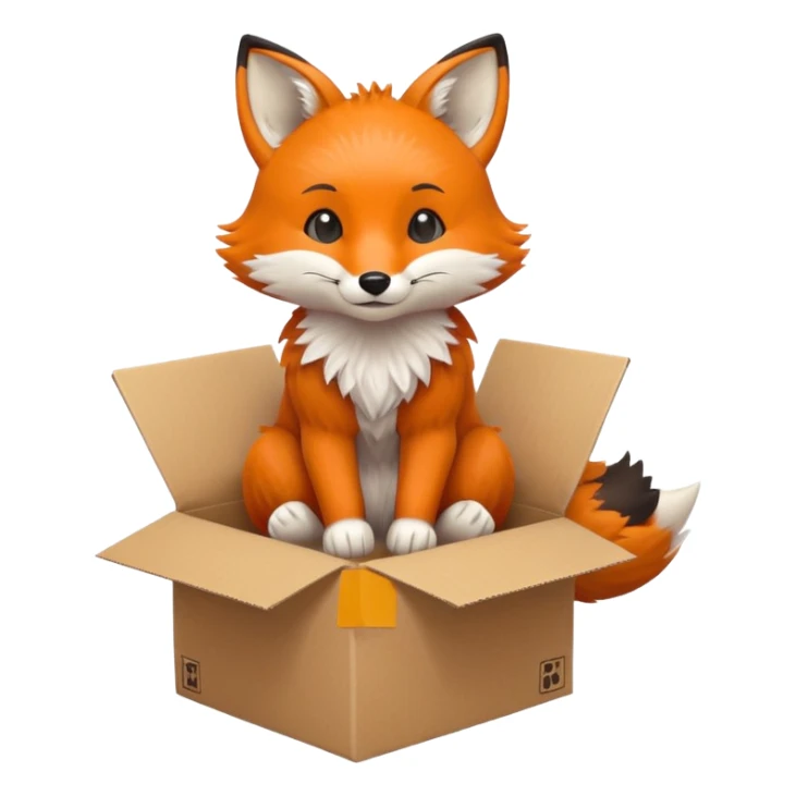 cute fox sitting in a cardboard box, playful expression, kids toy aesthetic sticker