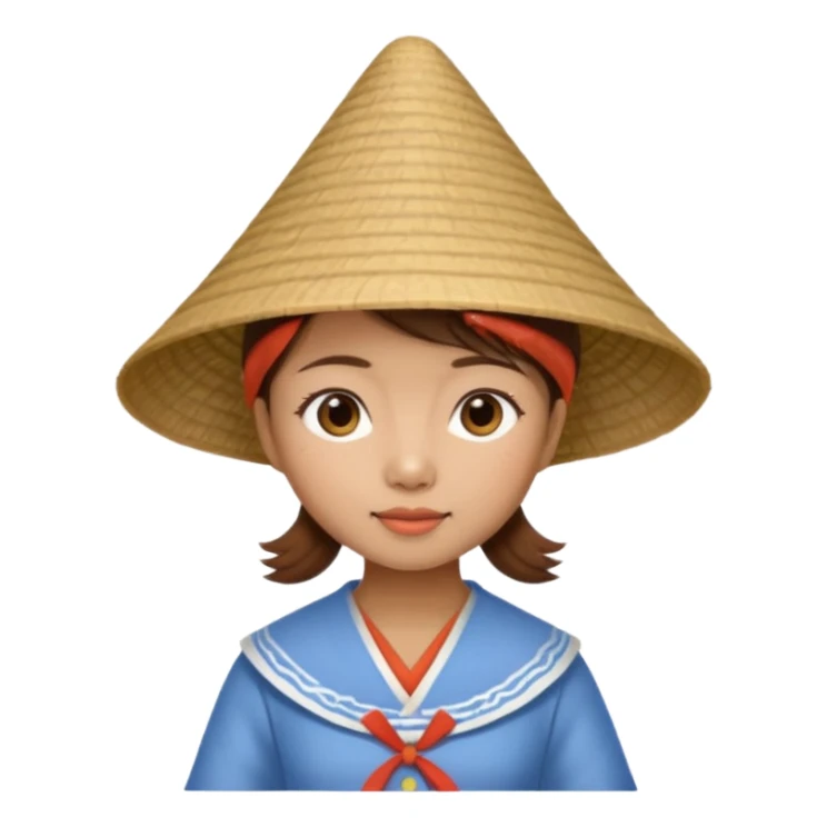 tiny Vietnamese woman with brown hair, wearing a conical hat sticker