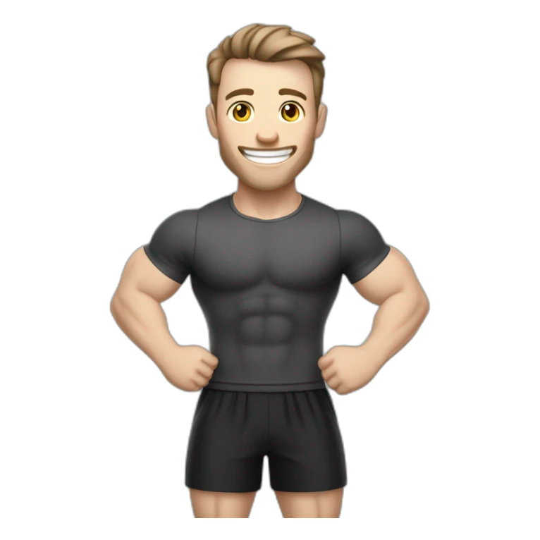 Joyful Celebrating victory Pale skinned Fit Man With the biceps and dark brown hair in black shirt, gray sports shorts and white Sneakers sticker