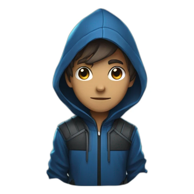Boy brown developer left side behind his laptop with this style: Valorant Riot Game blue character blue black hooded hacker  sticker