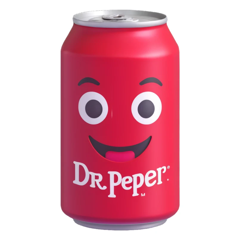 Add a vintage Dr Pepper label to this 3D emoji soda can, keep shiny and simple look, with no background. sticker