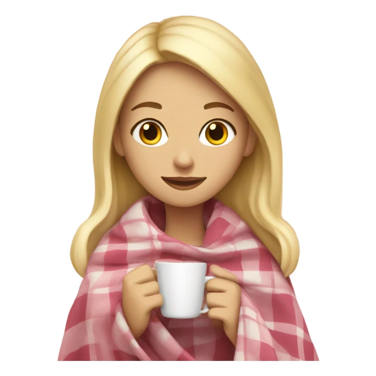 A blonde girl covered in a plaid light pink blanket sipping hot tea sticker