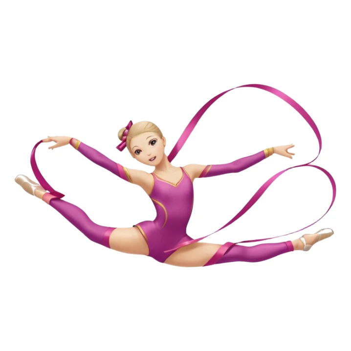 A graceful rhythmic gymnast performing with a flowing ribbon, executing an elegant leap mid-air. The pose exudes flexibility, balance, and artistry. The background suggests a competition arena with soft lighting, emphasizing movement, precision, and the beauty of the sport. sticker