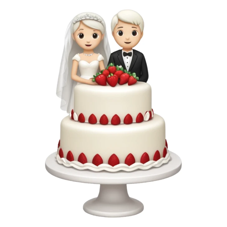 white cake with strawberries and a small bride and groom cake topper sticker