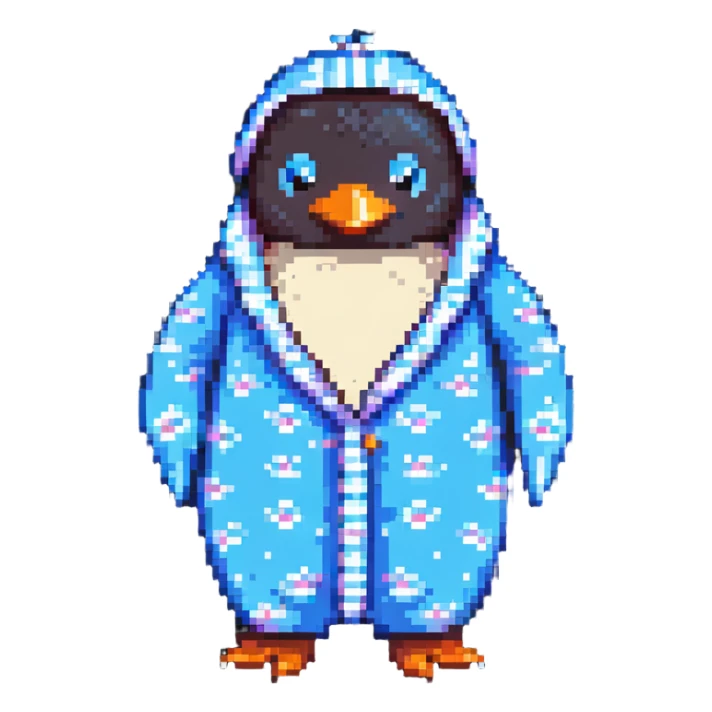 two penguins having a pajama party, pixel art style, cute and cozy sticker