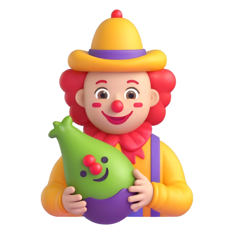clown holding an eggplant, 3D emoji style sticker