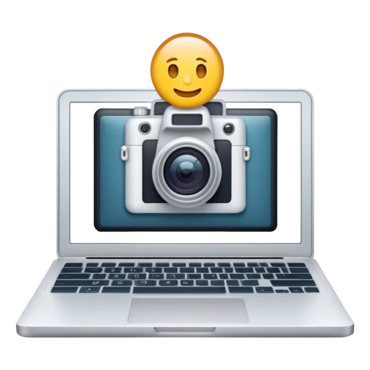 Create an emoji of blogging. The design should feature an open laptop or tablet with a visible blog post on the screen, showing text. Add a photo or video camera to symbolize multimedia content creation. Use modern, professional colors. Make the background transparent. sticker