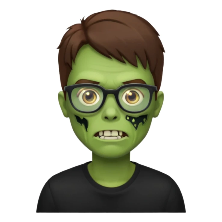 Green zombie, brown hair, black glasses, black shirt. iOS style. sticker