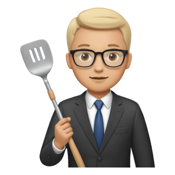 man with glasses wearing a suit and holding a spatula sticker