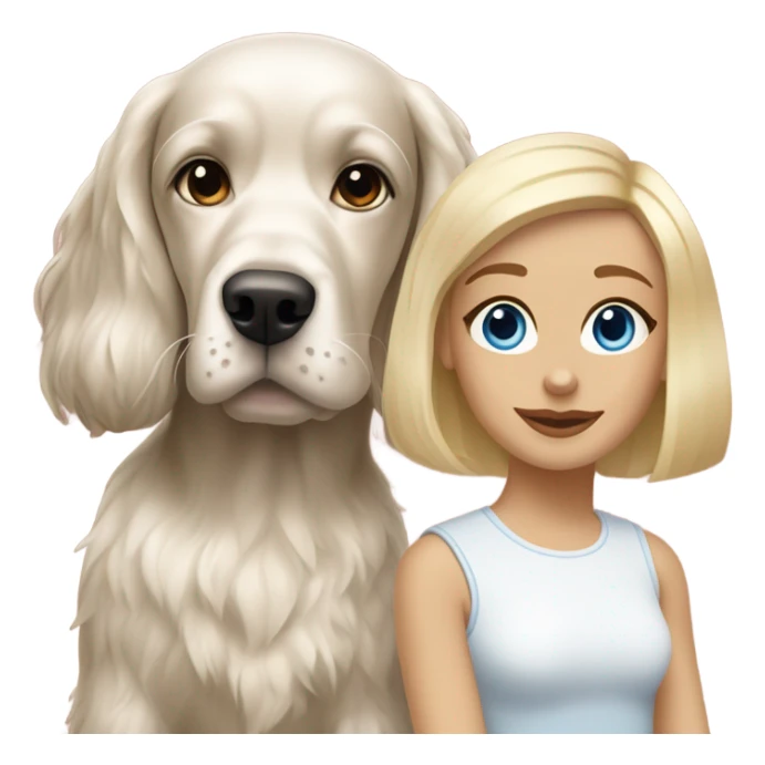 brunette girl short hair blue eyes  with blonde cocker spaniel sticker