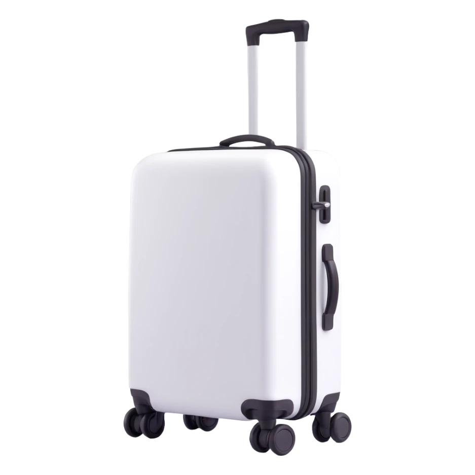 white suitcase on wheels, side view, 3D Emoji style, soft shadows and highlights, pure white color, transparent background, no decoration sticker