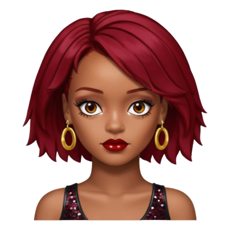 Rihanna with dark red hair, black sequin crop top, hazel eye sticker