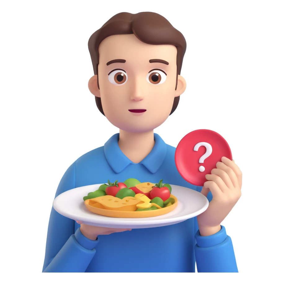 a person with a food plate, looking at it with doubt, question mark above head, no background sticker