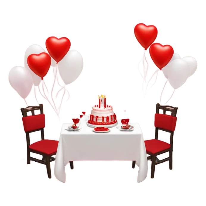 Red romantic party setting for two people and heart balloon  table with white cloth and candle with bows on the table and white Korean cake sticker