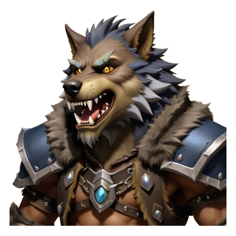 Cinematic Realistic WoW Worgen Portrait, head tilted dramatically with an exaggeratedly amused expression, blending ferocious beastliness with a touch of unexpected humor. His rugged fur, tanned skin, and worn leather garments are rendered with meticulous detail and dynamic lighting, high shine, dramatic yet whimsical, capturing the essence of a worgen whose epic might is tempered by a playful, irreverent charm. sticker