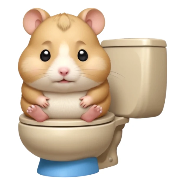 Cute chubby cartoon-style hamster sitting on toilet looking as if he had an accident, sticker-style illustration sticker