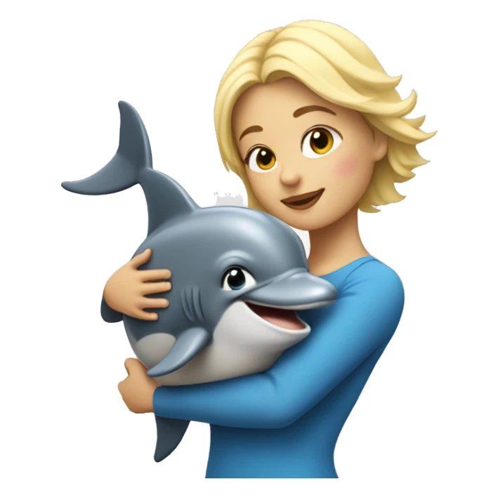 blonde woman with short hair hugs a Dolphin sticker