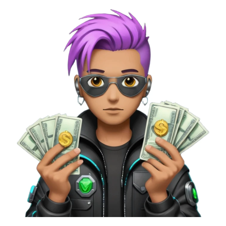 Cyber punk man holding money sticker