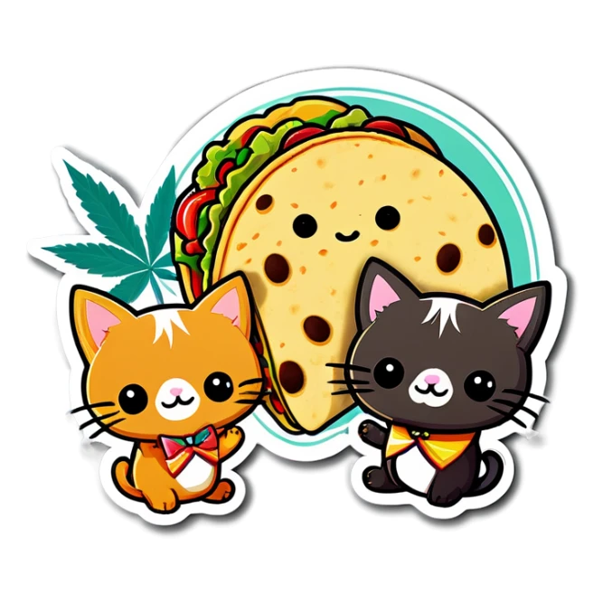 Kawaii Marijuana leaf and kittens eating tacos kawaii style  sticker