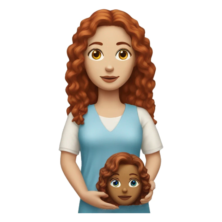 an auburn haired woman with blue eyes with a jesus doll sticker