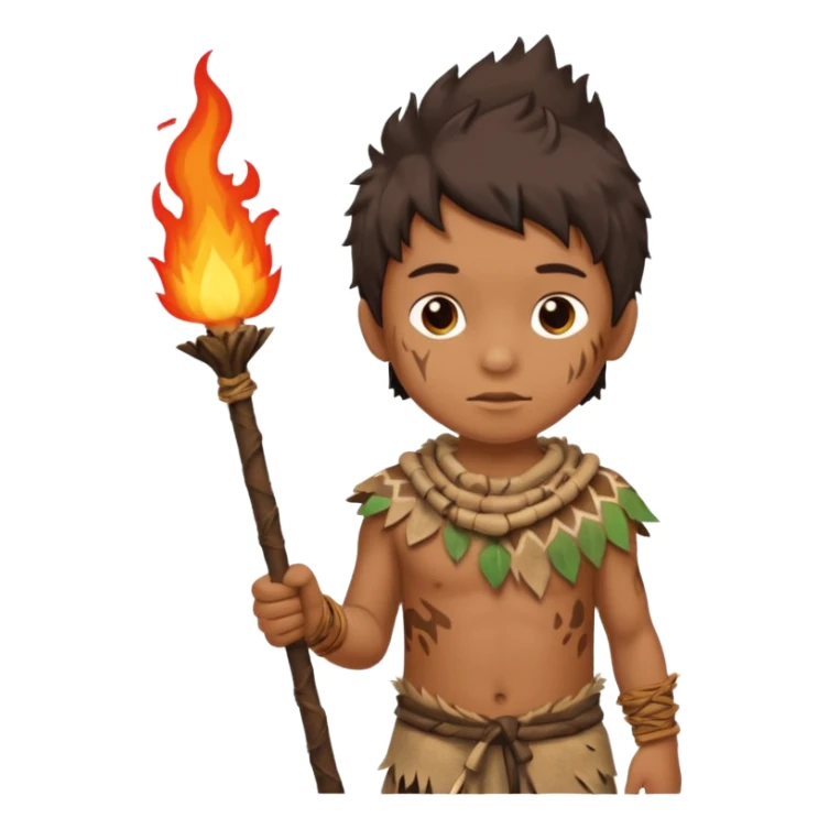 ancient boy, tattered animal skin cloth, hold fire stick sticker