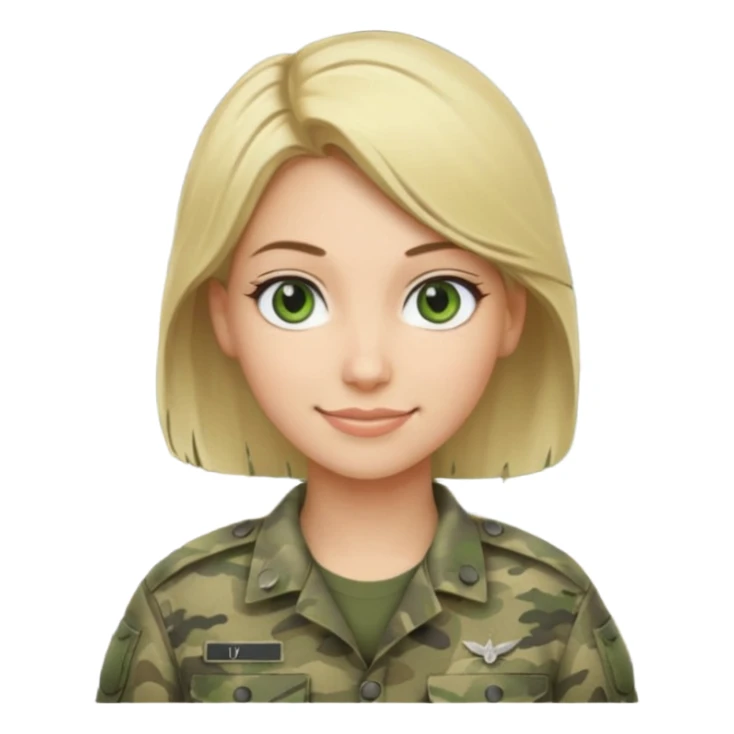 Apple-style emoji: female soldier, bust, no cap/helmet, friendly smile, generic camo top, blonde hair sticker