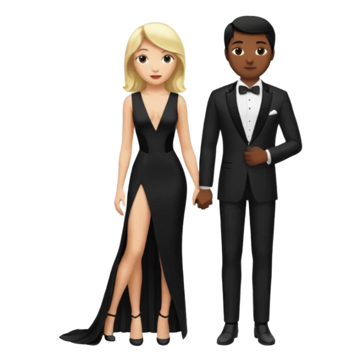Blonde woman, black, Long, tight, sleveless Dress, Slot left Leg, man, black Hair, in Dinner jacket sticker