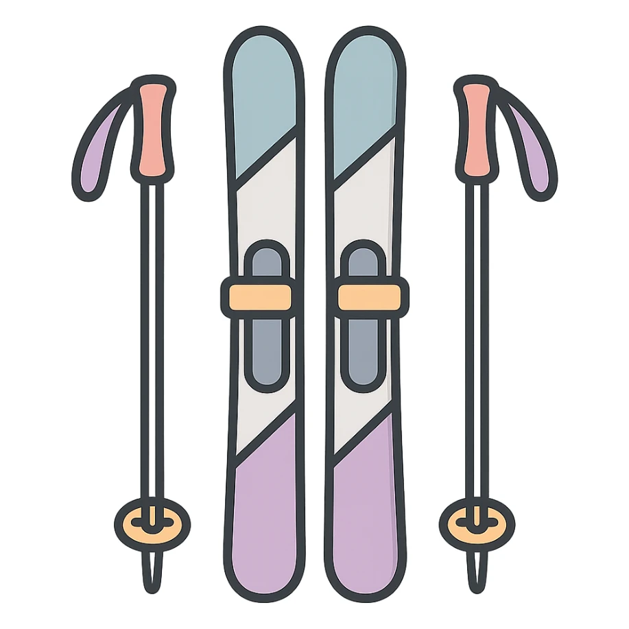 cross-country skis standing upright with poles on the sides with visible hand straps, detailed shading, thin clean outlines, soft rounded features, pastel palette #98B5BC #B5B3C1 #C9A3C9 #E4C0CA #F7DCD1 #F7C0AA, Japanese pop art, sticker look, highly detailed, vector clarity, soft lighting, subtle shadows, transparent background sticker