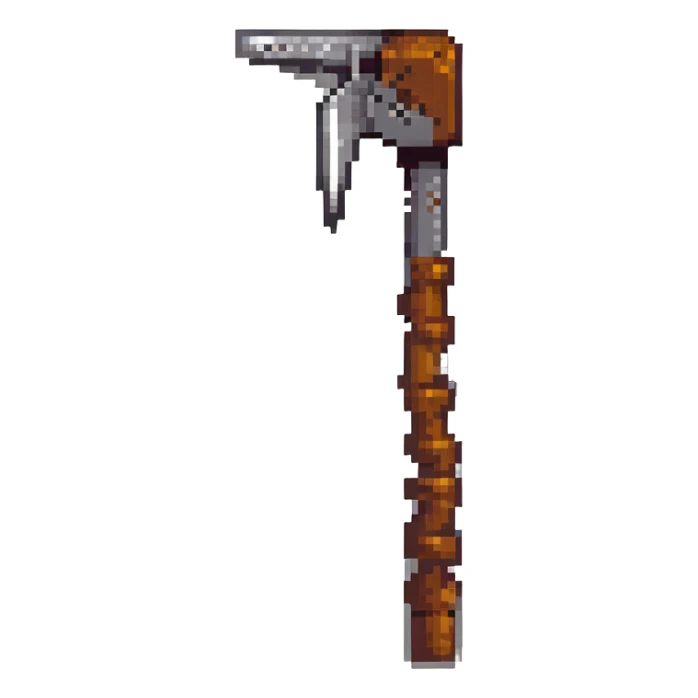 pixel art style Minecraft pickaxe, classic brown and gray sticker