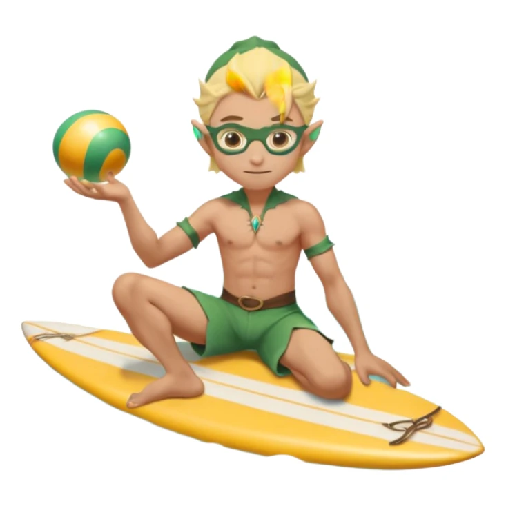 elf male legolas sitting on surfboard (ashore), hands manipulating two orbs of swirling seawater giving a "massage" to his own shoulders, wearing relaxed linen shorts over swimwear, tinted elven sunglasses, pointy ears, content expression, centered emoji sticker