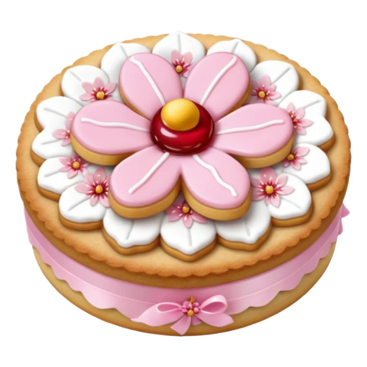 Realistic shortbread cookie in the shape of a cherry blossom with pale pink color jelly middle filling and sprinkled powder sugar on top. sticker