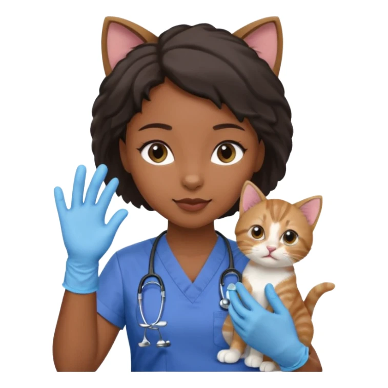 Young black female vet – scrubs, gloves, examining kitten. sticker