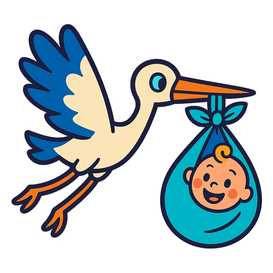 stork flying with a human baby in a bundle, vibrant toon style sticker