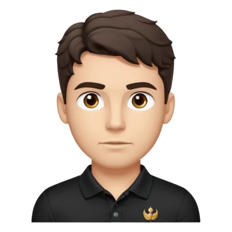 He’s a man with light to medium skin, a defined oval face, full brows, deep-set eyes, and wavy short dark brown tall hair styled with height, sides are trimmed. muscular. expression calm and focused relaxed black polo shirt. polished, articulate, and coach vibe. personal development.  sticker