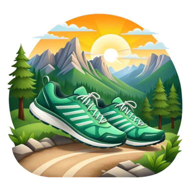 A dynamic icon featuring a pair of running shoes in motion on a scenic trail, surrounded by trees and mountains. The background shows a sunrise, symbolizing energy and passion for running. Transparent background enhances the focus on movement and the joy of outdoor jogging. sticker
