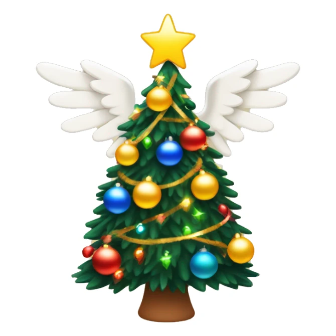 Warm toned Christmas tree with primary coloured Christmas lights around the tree, tinsel around the tree, and an angel on top of the tree sticker