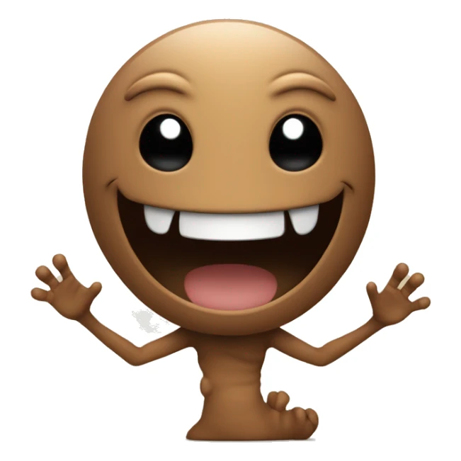 a smiling emoji, with shaking hand, in brown color, interpreting an alien creature sticker